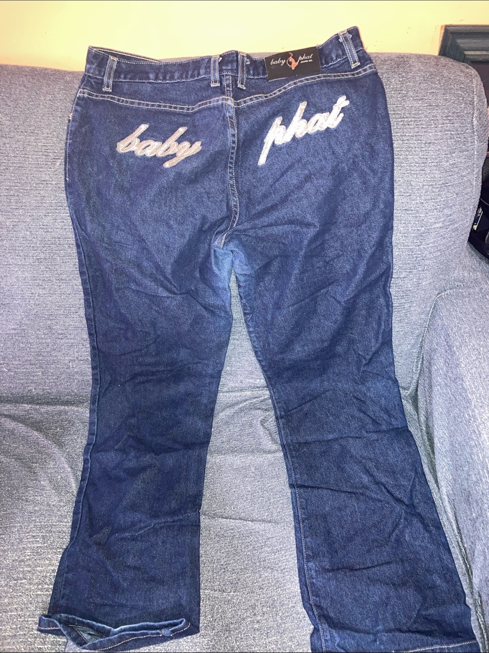 Y2K Baby Phat Dark Blue Bootcut Jeans with Silver Embroidered Back Logo